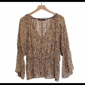 Zara Brown Paisley Floral Print Bell Sleeve Top M